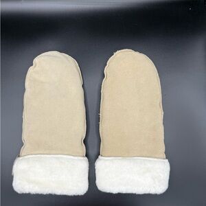 Tan & White Leather Mittens Gloves One Size Fit